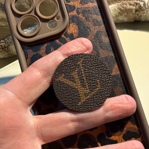 Louis Vuitton upcycled pop socket on Leopard Print Phone Case iPhone 16 Pro max